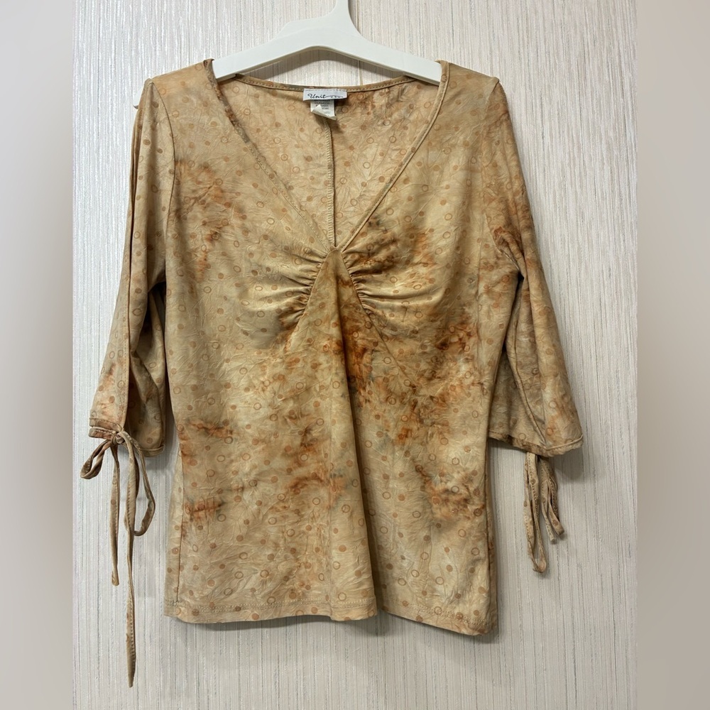 Y2K Unit U.S.A. Tie-Sleeve V-Neck Top Vintage Boho Chic Brown Stretch‎ Knit M